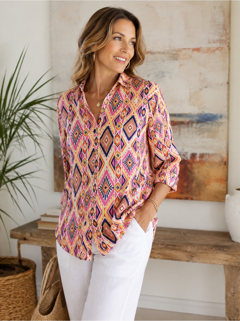 Chico's Pink Multi-Color Geometric Button-Down Shirt